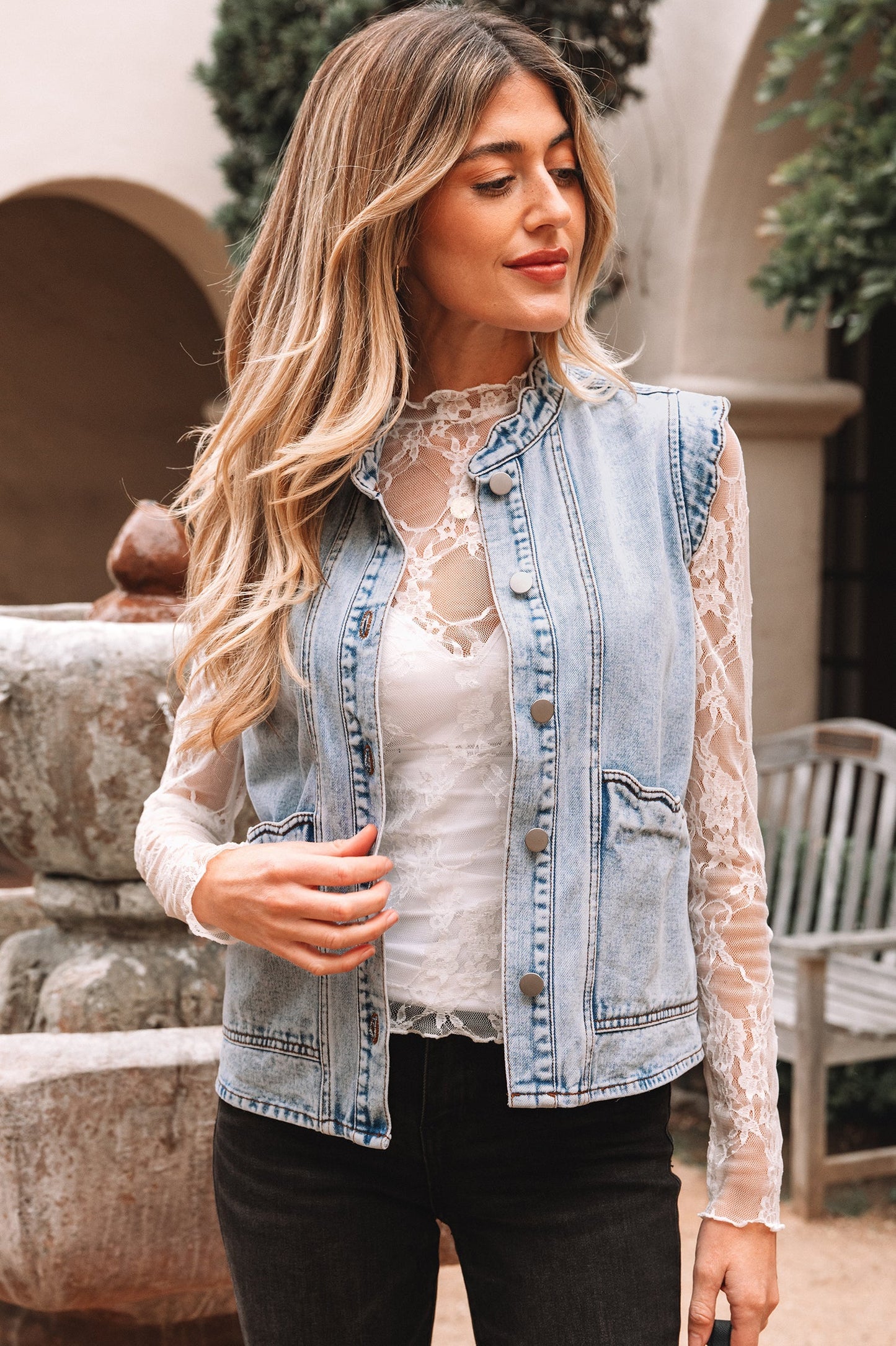 Beau Blue Scalloped Trim Patch Pocket Button Front Denim Vest