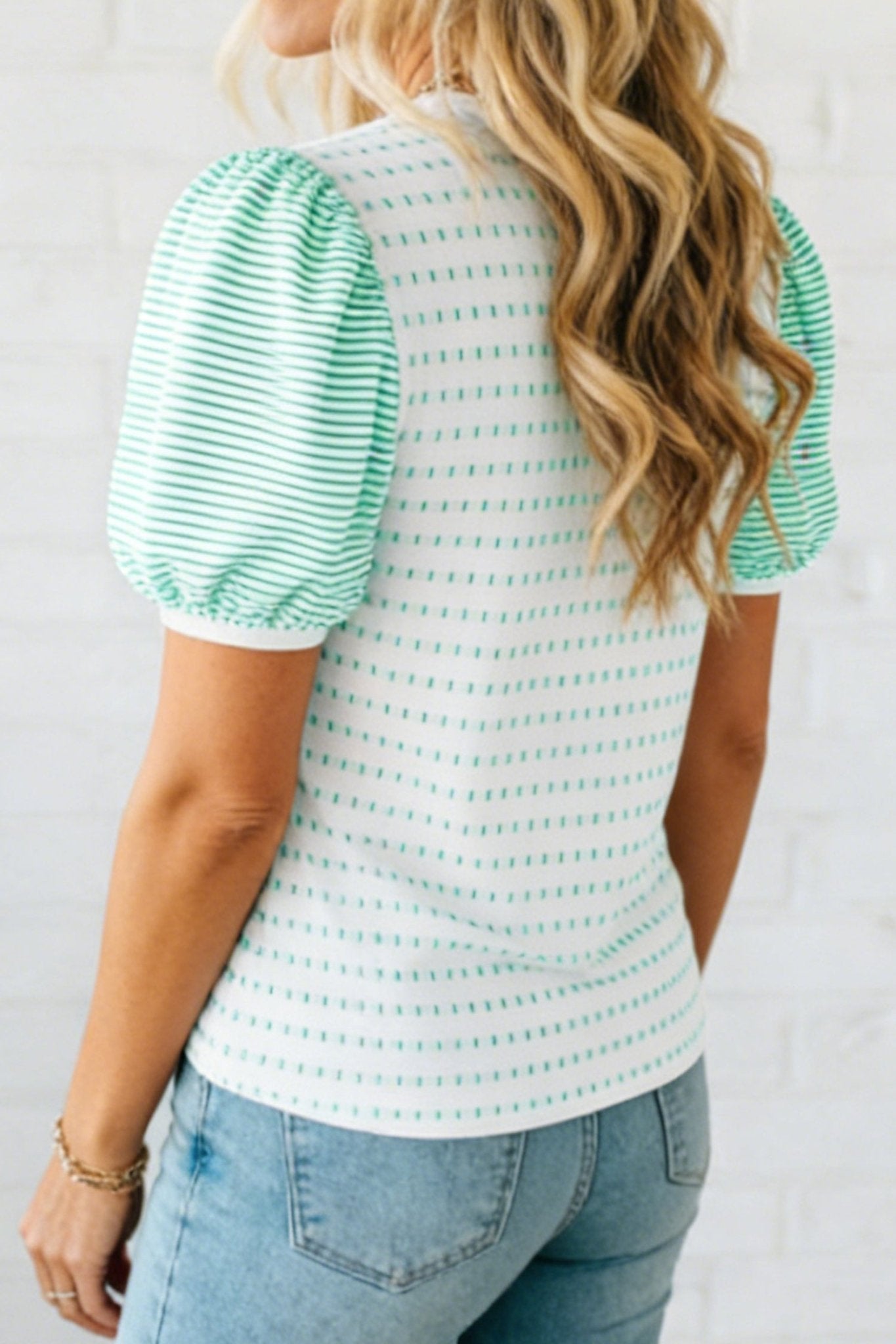 Green Striped Short Puff Sleeve Top - Loving It Shop