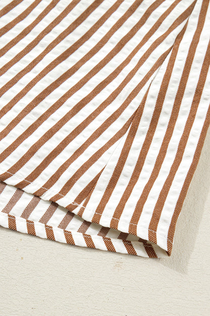 Brown Stripe Shirred V Neck Short Puff Sleeve Blouse