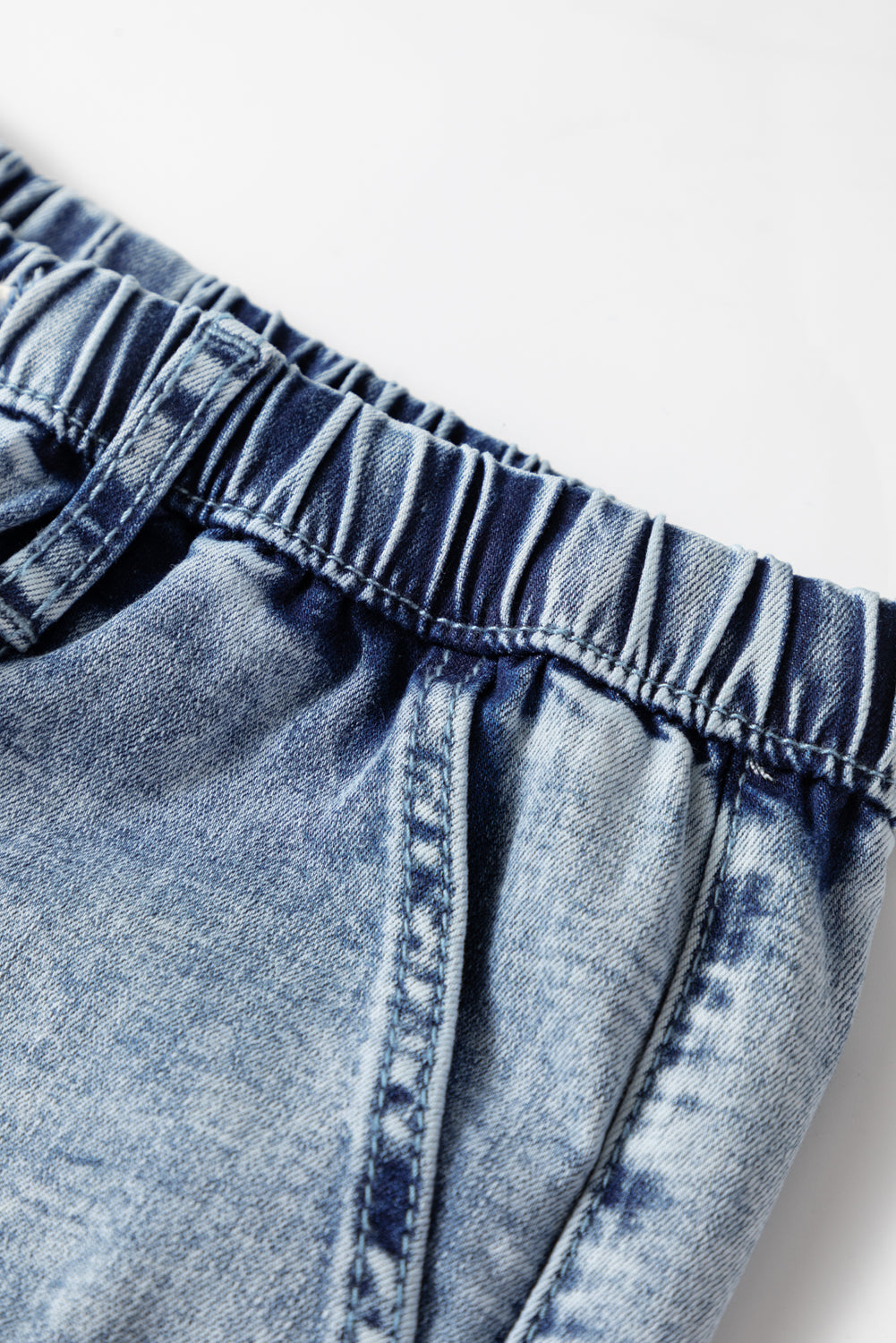 Acid Wash Exposed Seam Drawstring Elastic Waistband Jeans