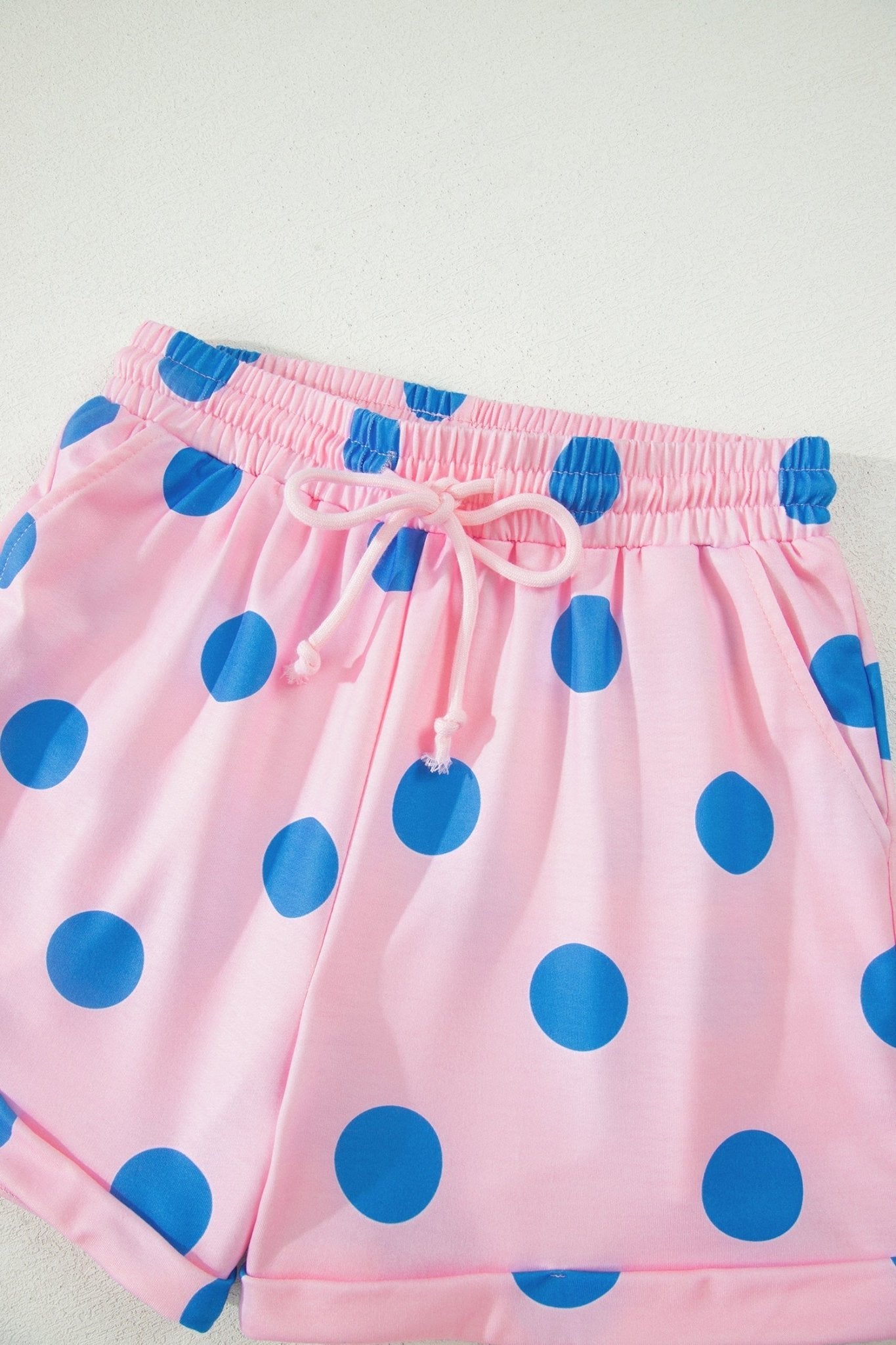 Pink Polka Dot Print V Neck Tee Short Set - Loving It Shop