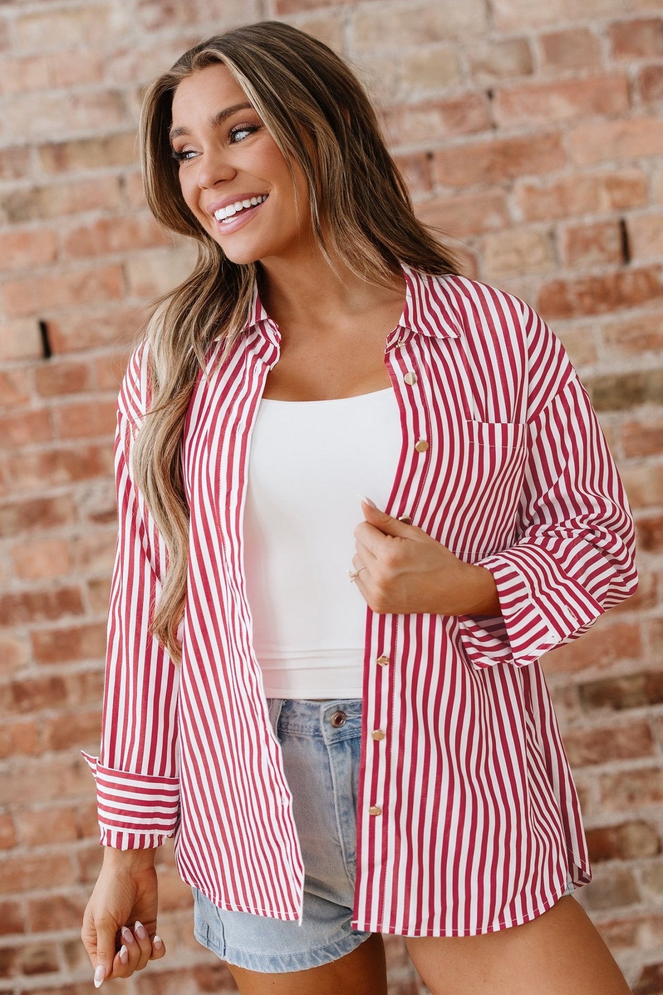 Red Stripe Patched Pocket Side Slit Loose Shirt - Loving It Shop