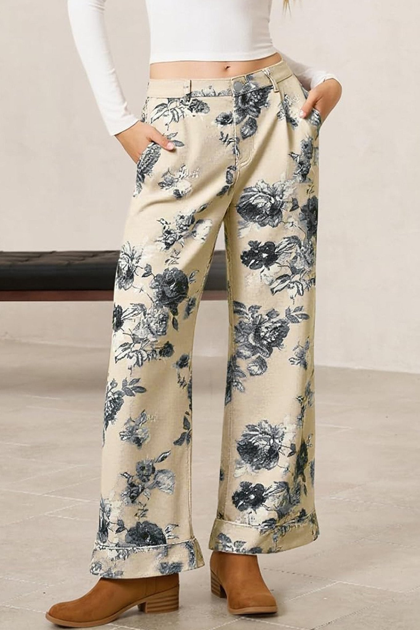 Beige Retro Floral Print Turn - up Cuffed Hem Loose Jeans - Loving It Shop