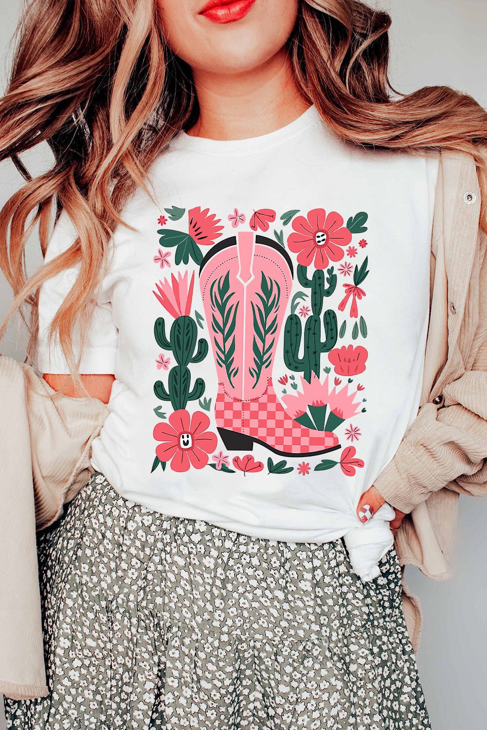 White Western Boots Flower Print Round Neck T Shirt - Loving It Shop