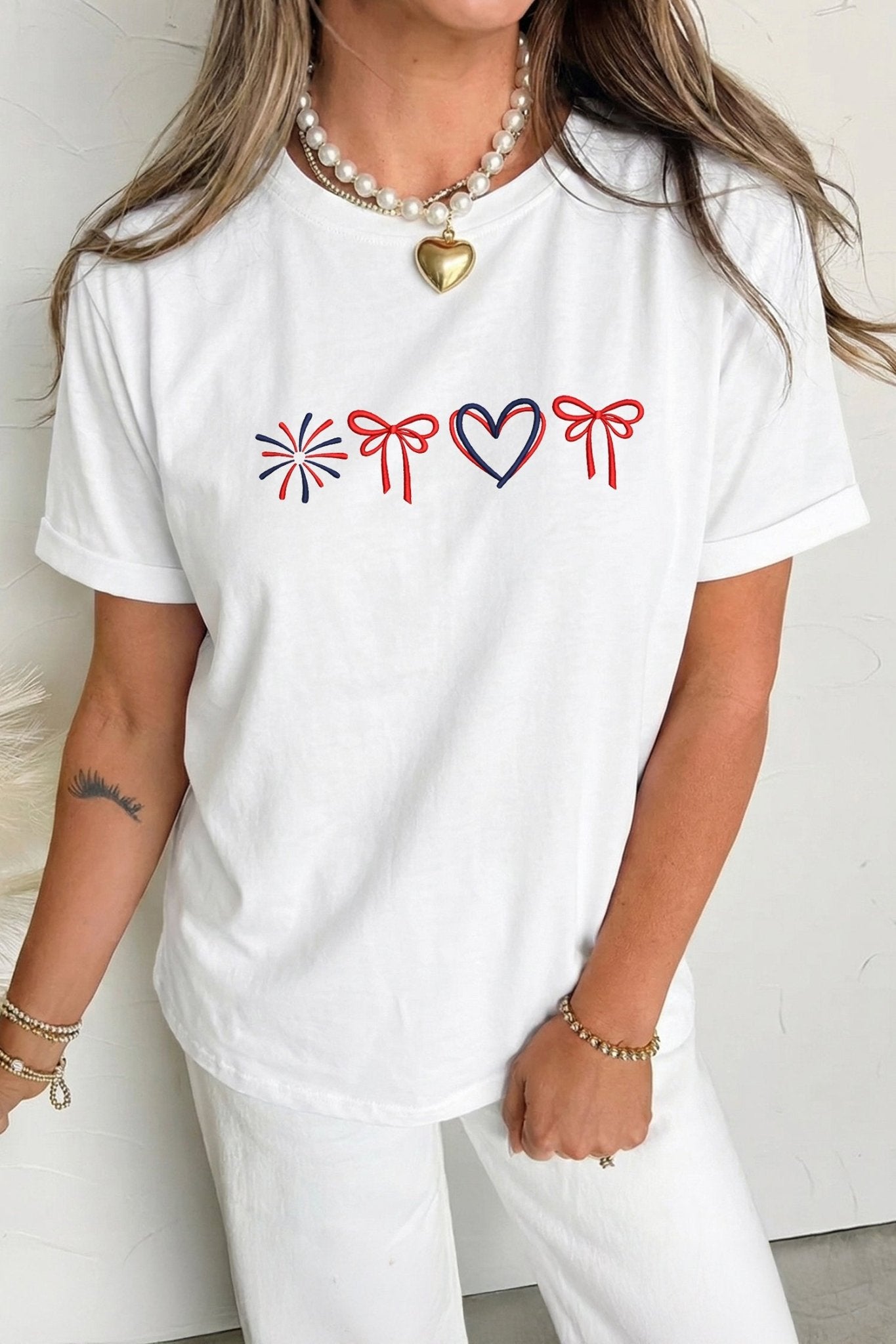 White Love July 4th Firework Bow Embroidered T Shirt - Loving It Shop
