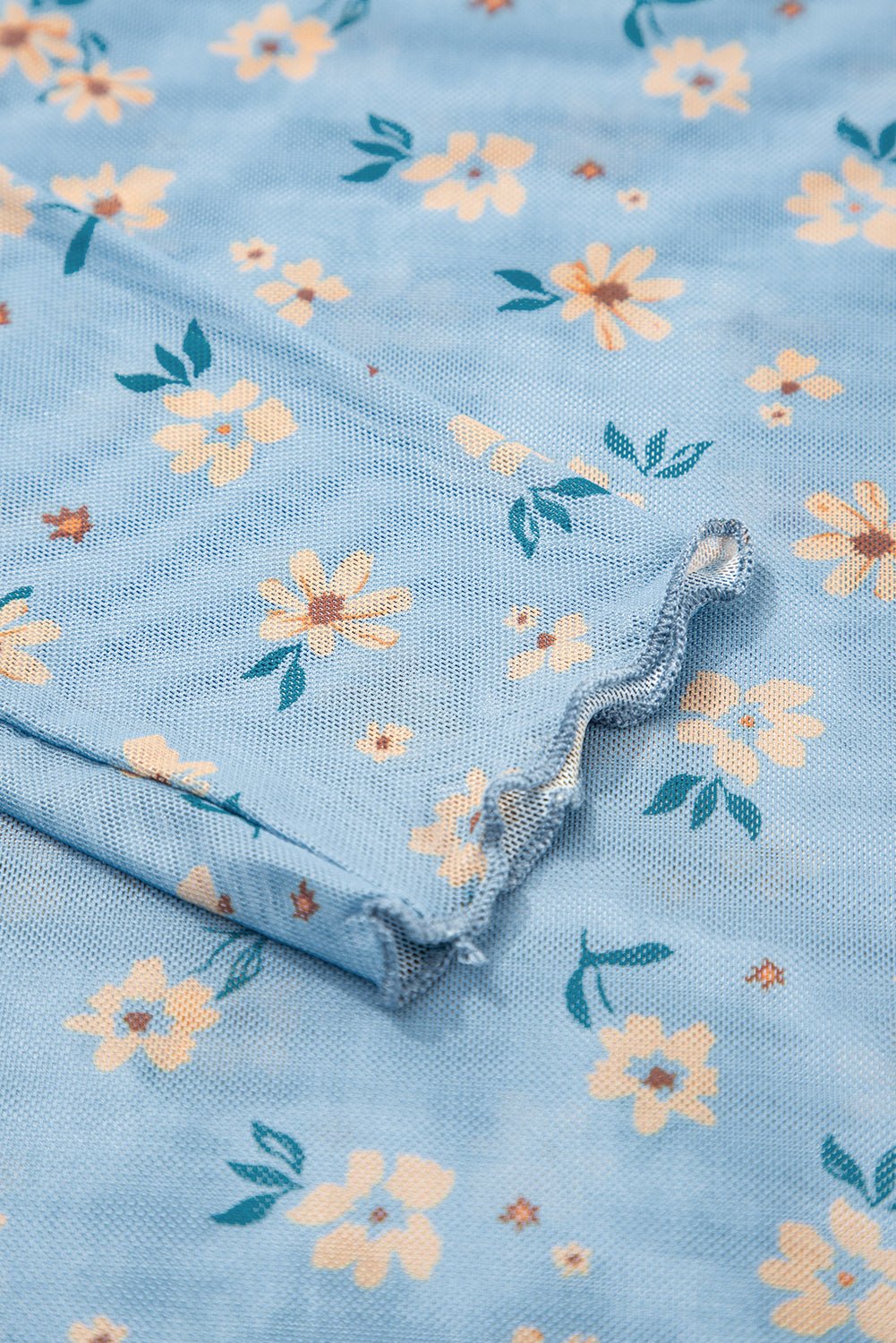 Sky Blue Vintage Floral Print Southern Style Mesh Long Sleeve Top - Loving It Shop