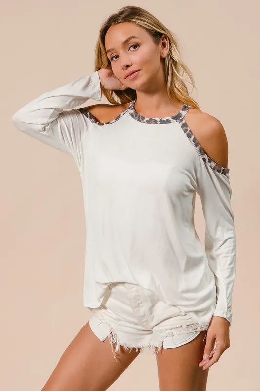 Jersey Knit Cold Shoulder Top with Leopard Neck