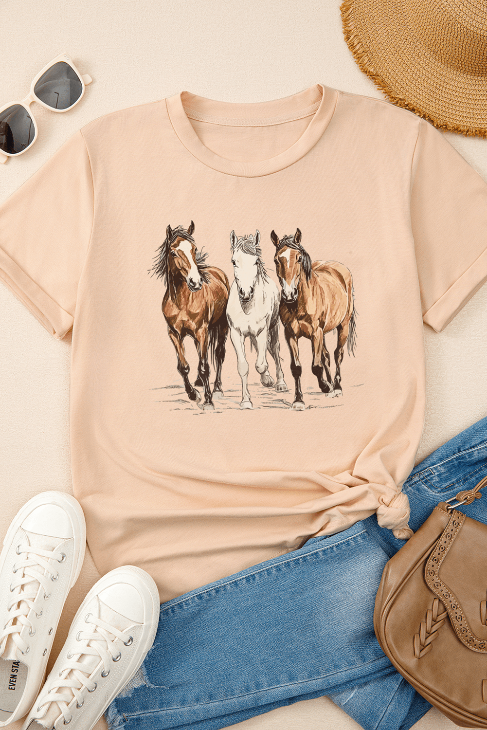 Khaki Gallant Horses Printed Casual T Shirt - Loving It Shop