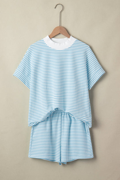Sky Blue Stripe Cuffed Sleeve Contrast Mock Neck Tee Casual 2pcs Short Set