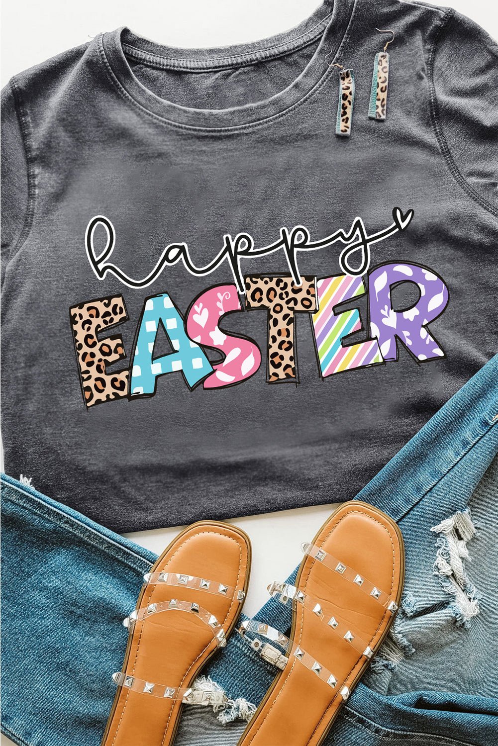 Gray Happy EASTER Lettering Graphic Crewneck Tee - Loving It Shop