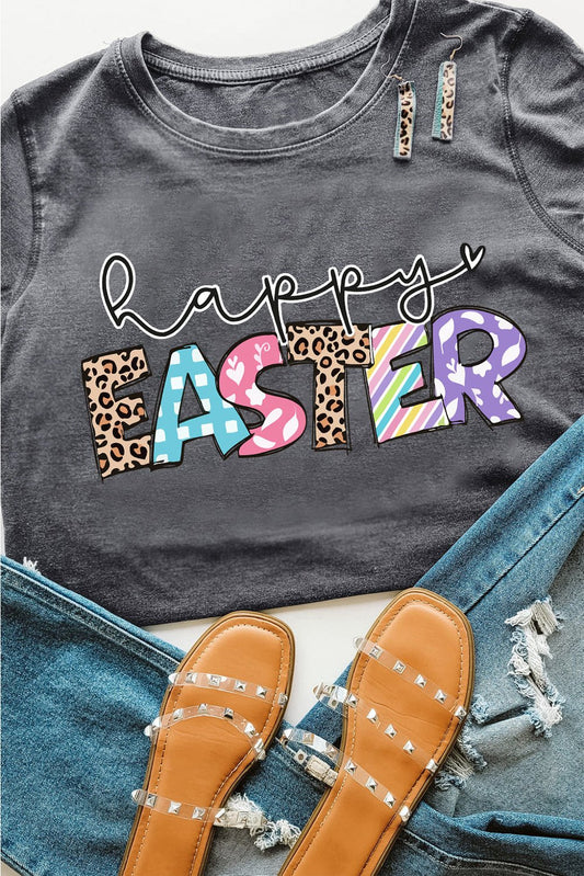 Gray Happy EASTER Lettering Graphic Crewneck Tee - Loving It Shop