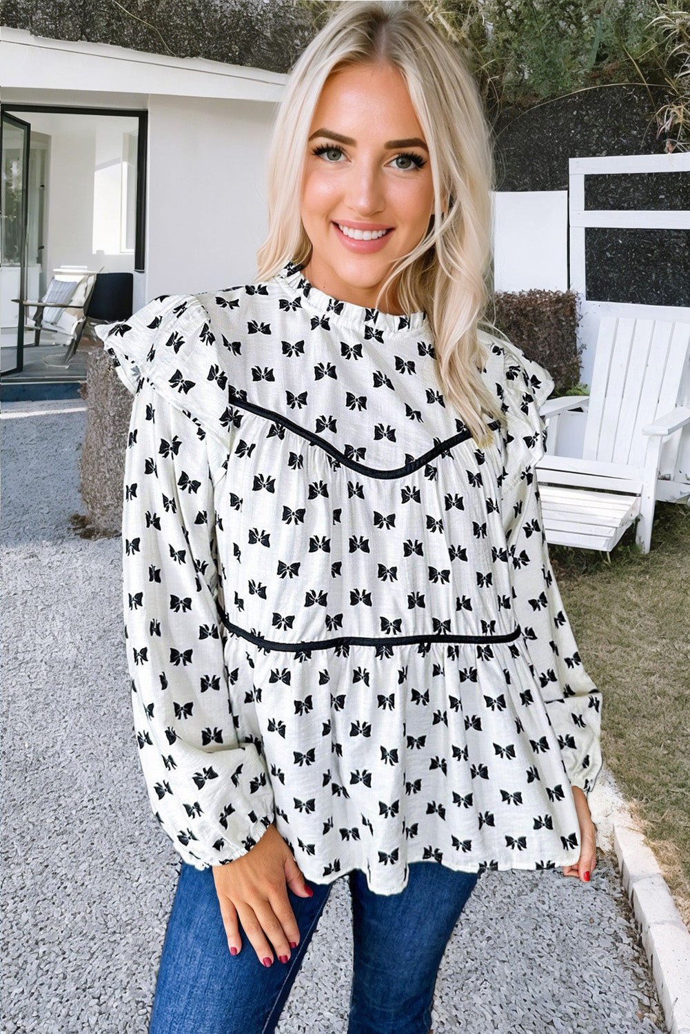 White Bow Knot Print Piping Trim Ruffled Crew Neck Blouse - Loving It Shop