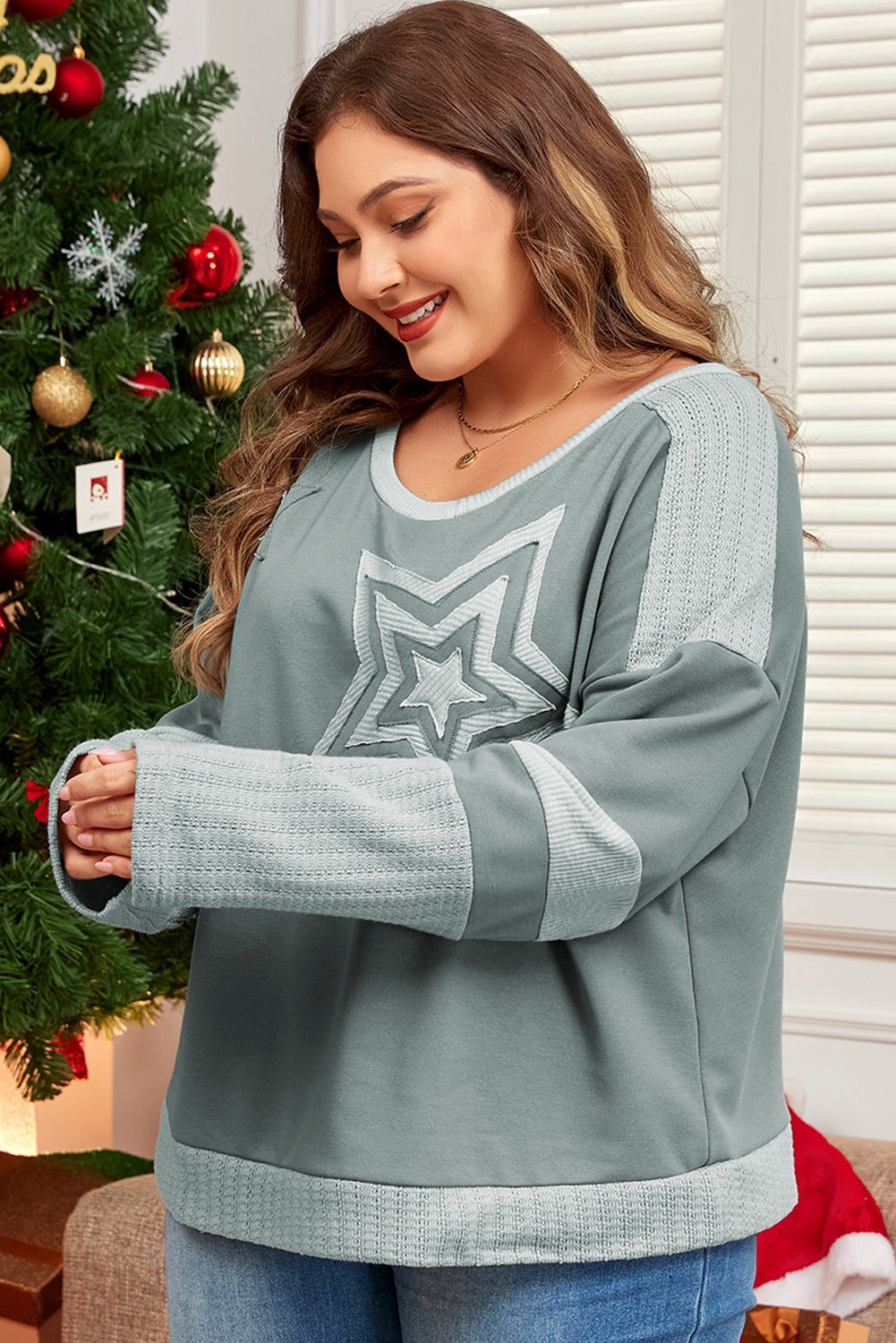 Mist Green Stars Patchwork Round Neck Plus Size T Shirt - Loving It Shop