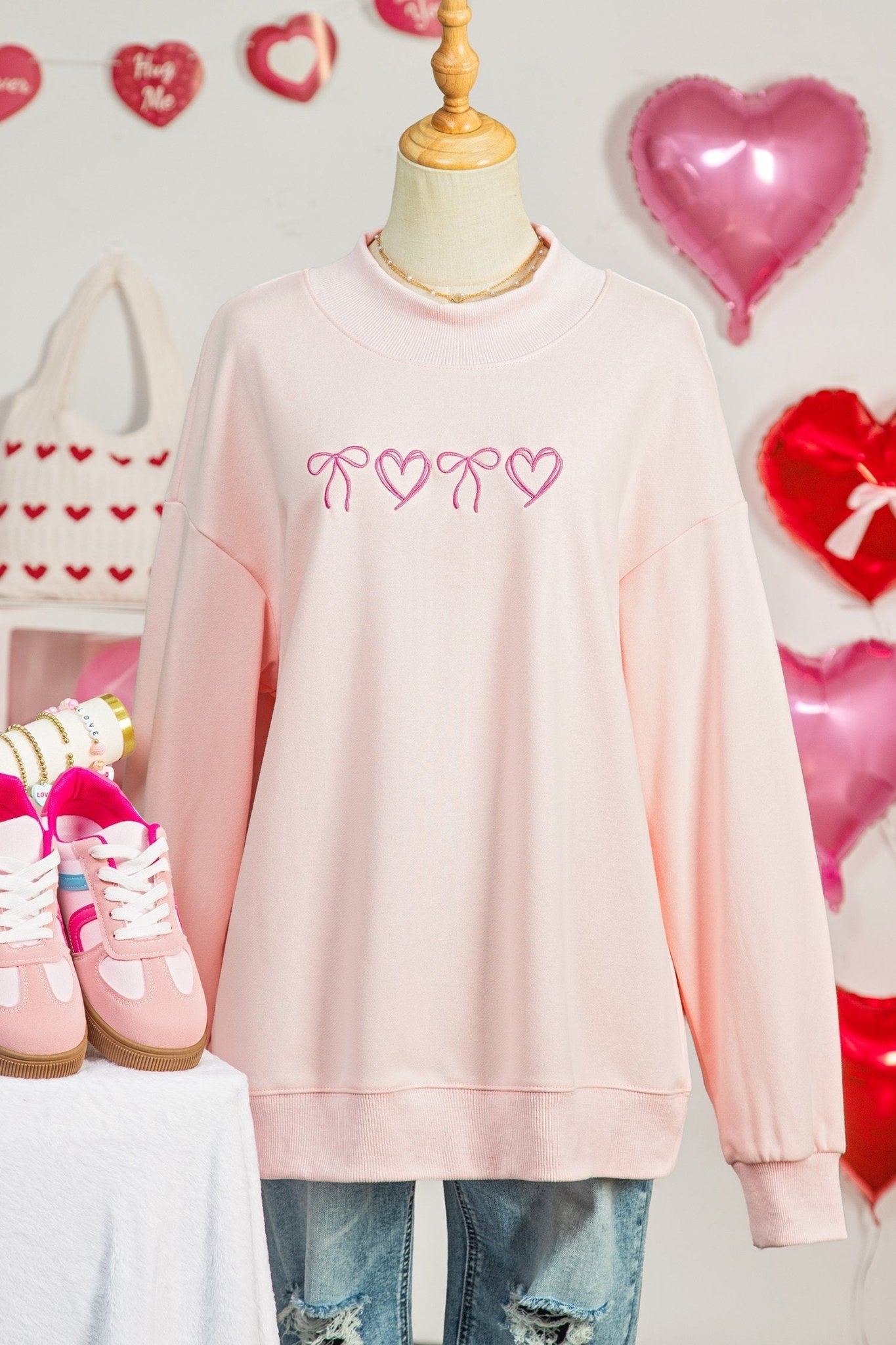 Apricot Pink Valentines Bow Heart Embroidered Mock Neck Sweatshirt - Loving It Shop