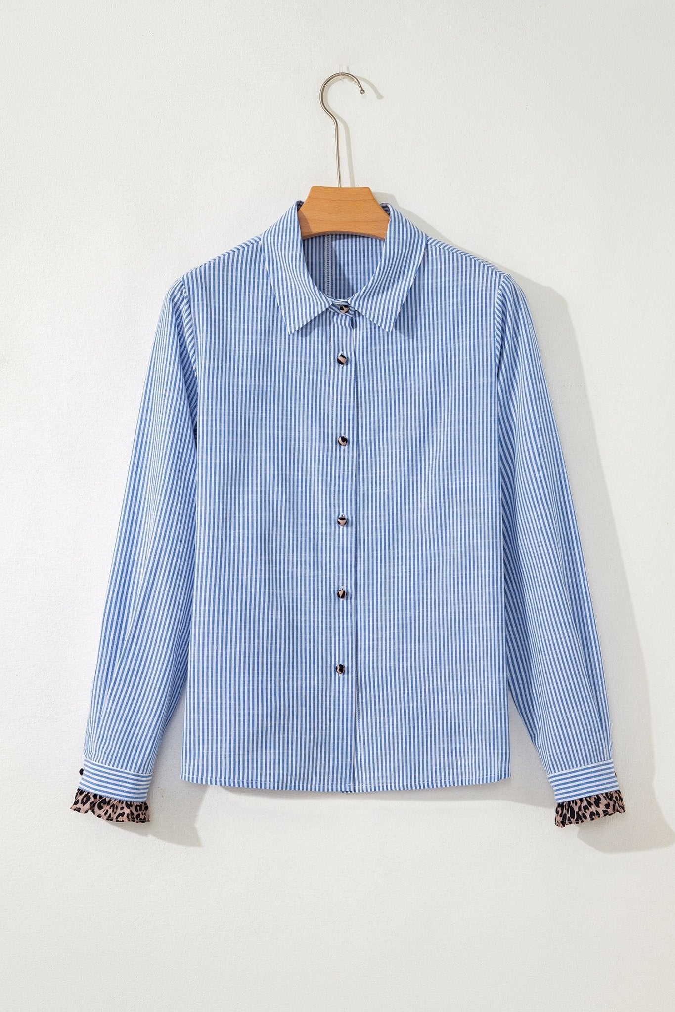 Sky Blue Stripe Contrast Frilled Leopard Trim Casual Long Sleeve Shirt - Loving It Shop
