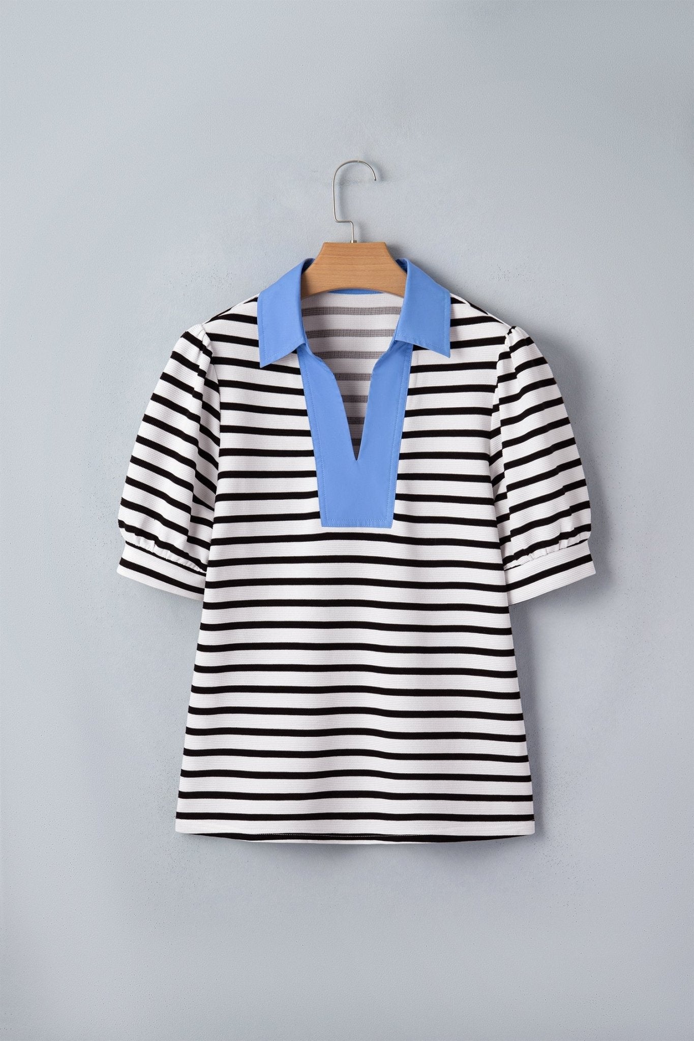 Black Stripe Short Puff Sleeve Color Block Polo Collar Blouse - Loving It Shop