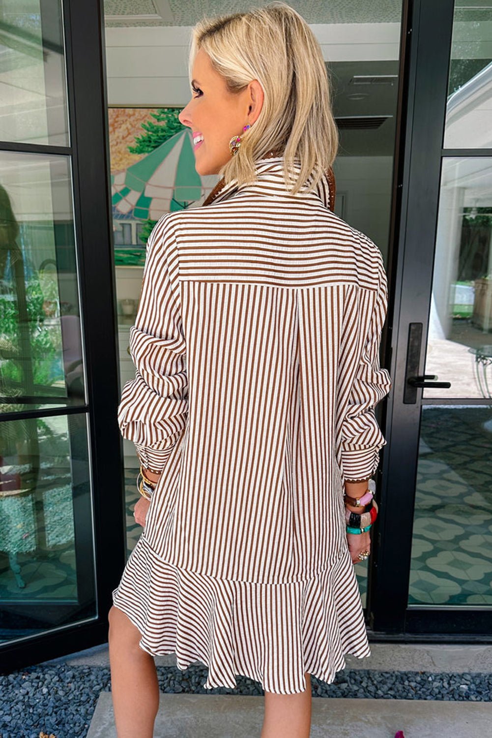Khaki Stripe Shirt Collar Embroidered Trim Ruffle Hem Long Sleeve Mini Dress - Loving It Shop