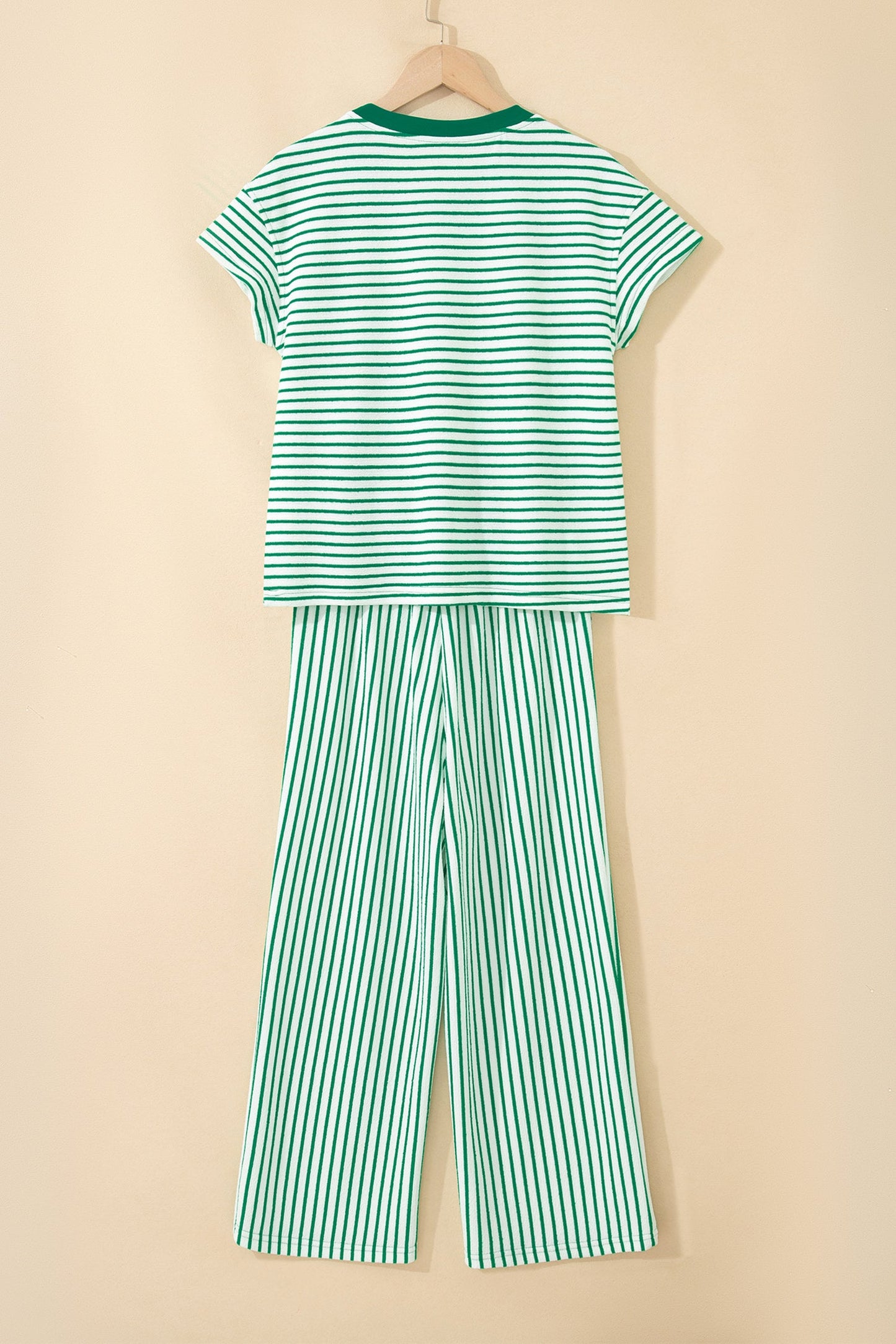 Green Stripe Crew Neck Tee Drawstring Waist Cropped Pants Set