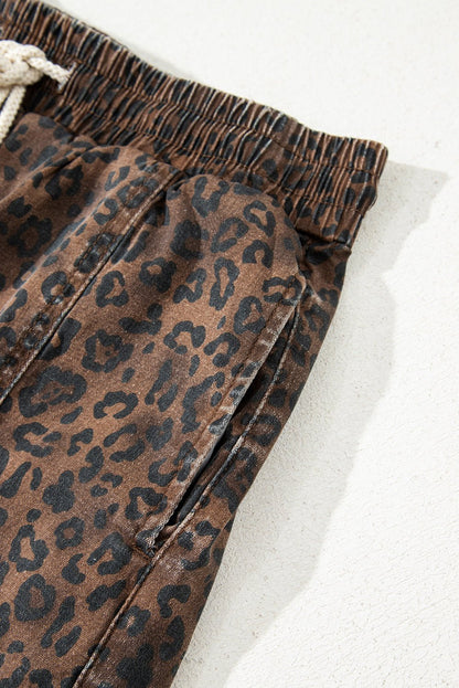 Brown Leopard Print Elastic Waistband Drawstring Denim Skort - Loving It Shop