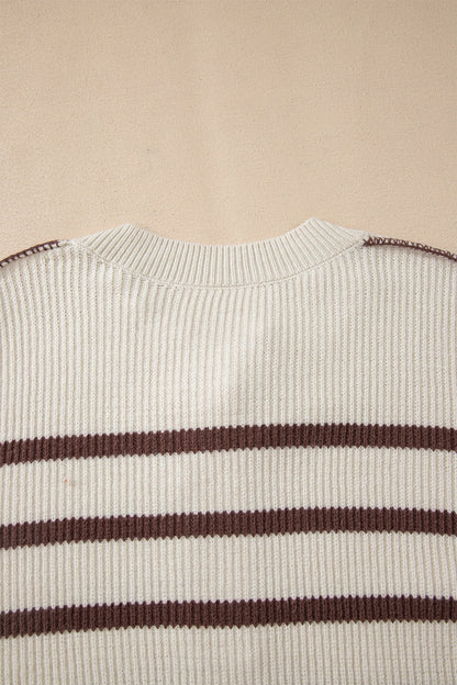 Brown Stripe Ribbed Henley Drop Shoulder Slouchy Sweater
