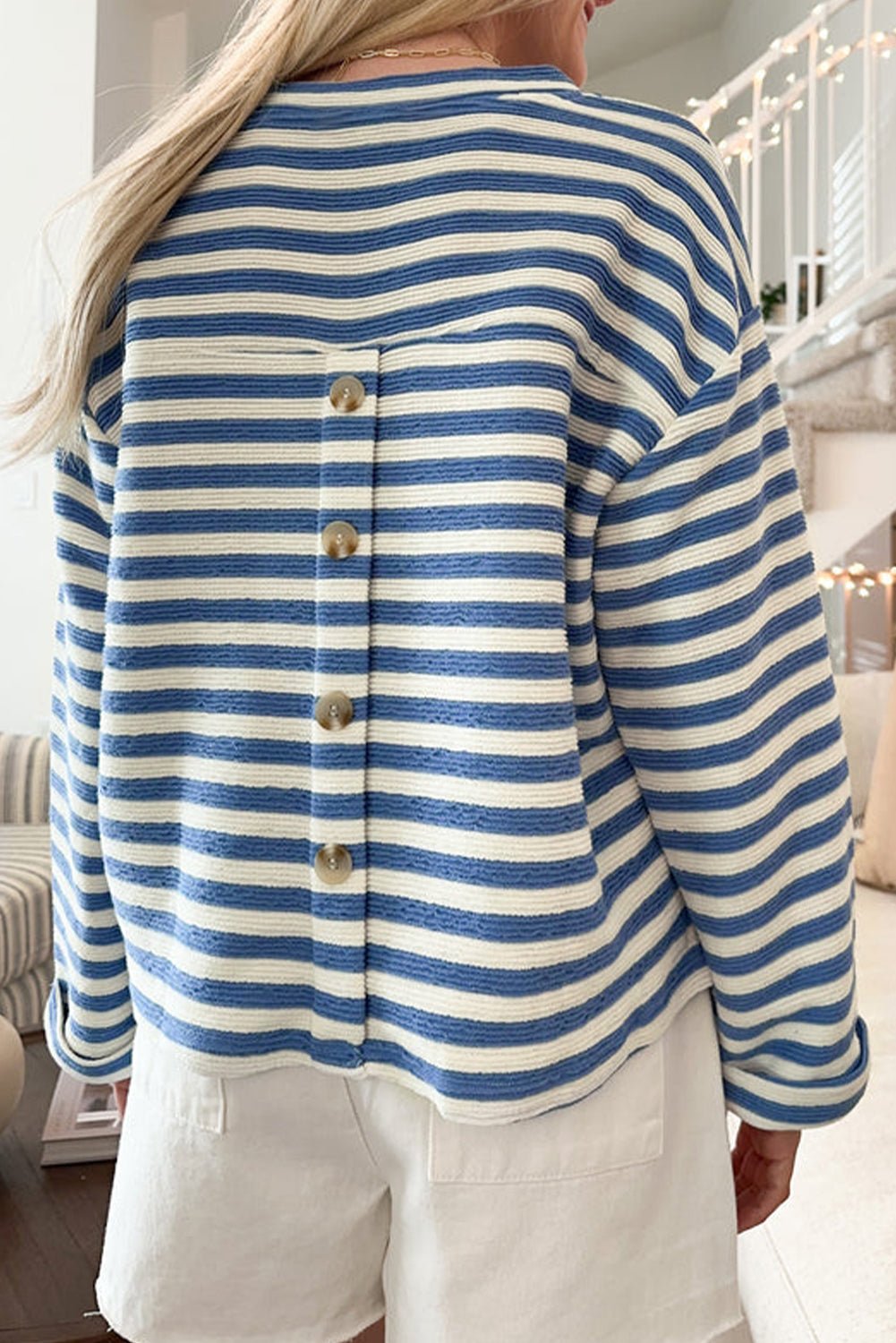 Sky Blue Stripe Chest Pocket Buttoned Back Notched V Neck Top - Loving It Shop