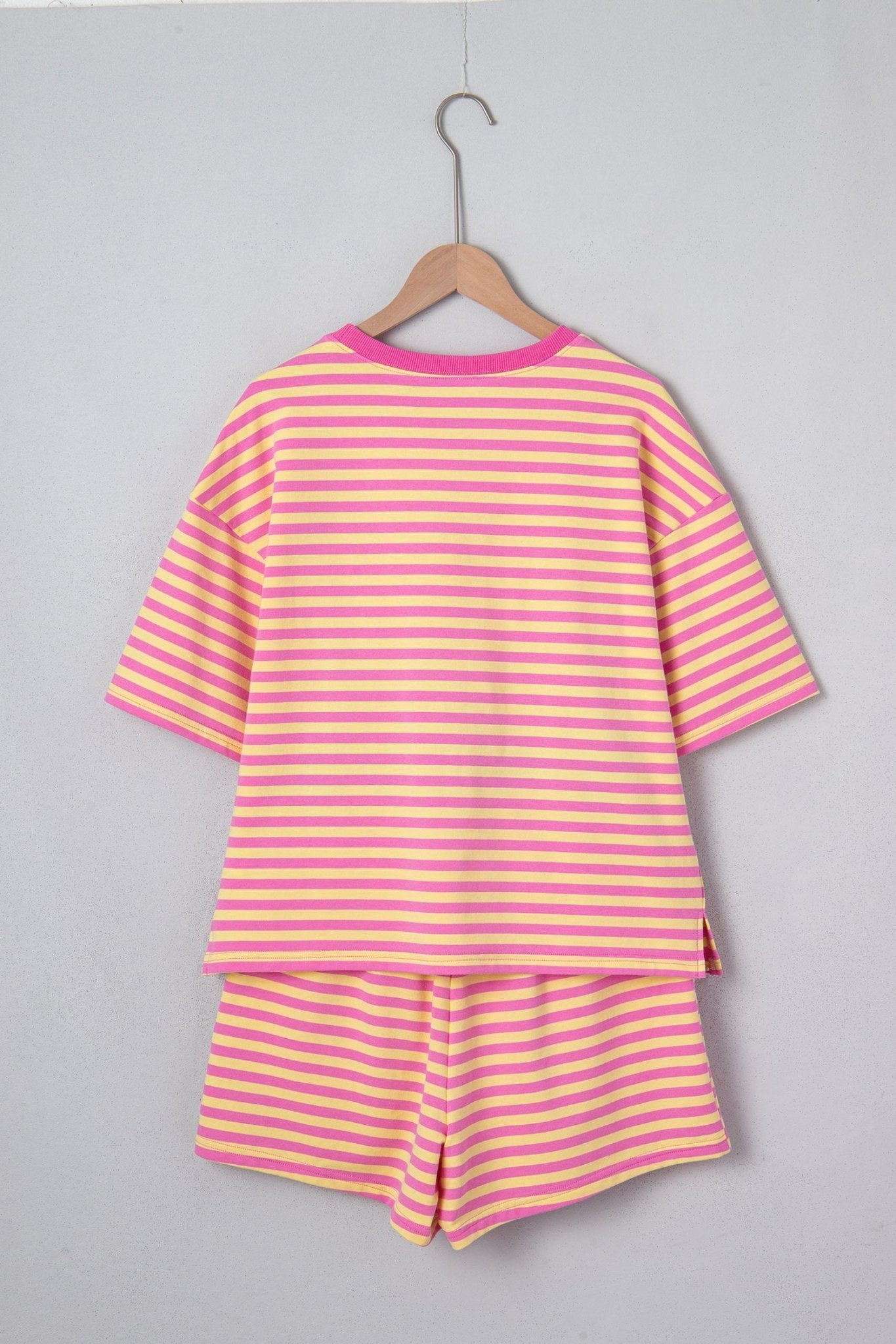 Rose Stripe Drop Shoulder Boxy Casual Terry Short Set - Loving It Shop