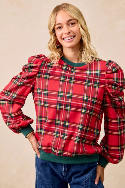 Christmas Plaid Exaggerated Shoulder Sleeves Top