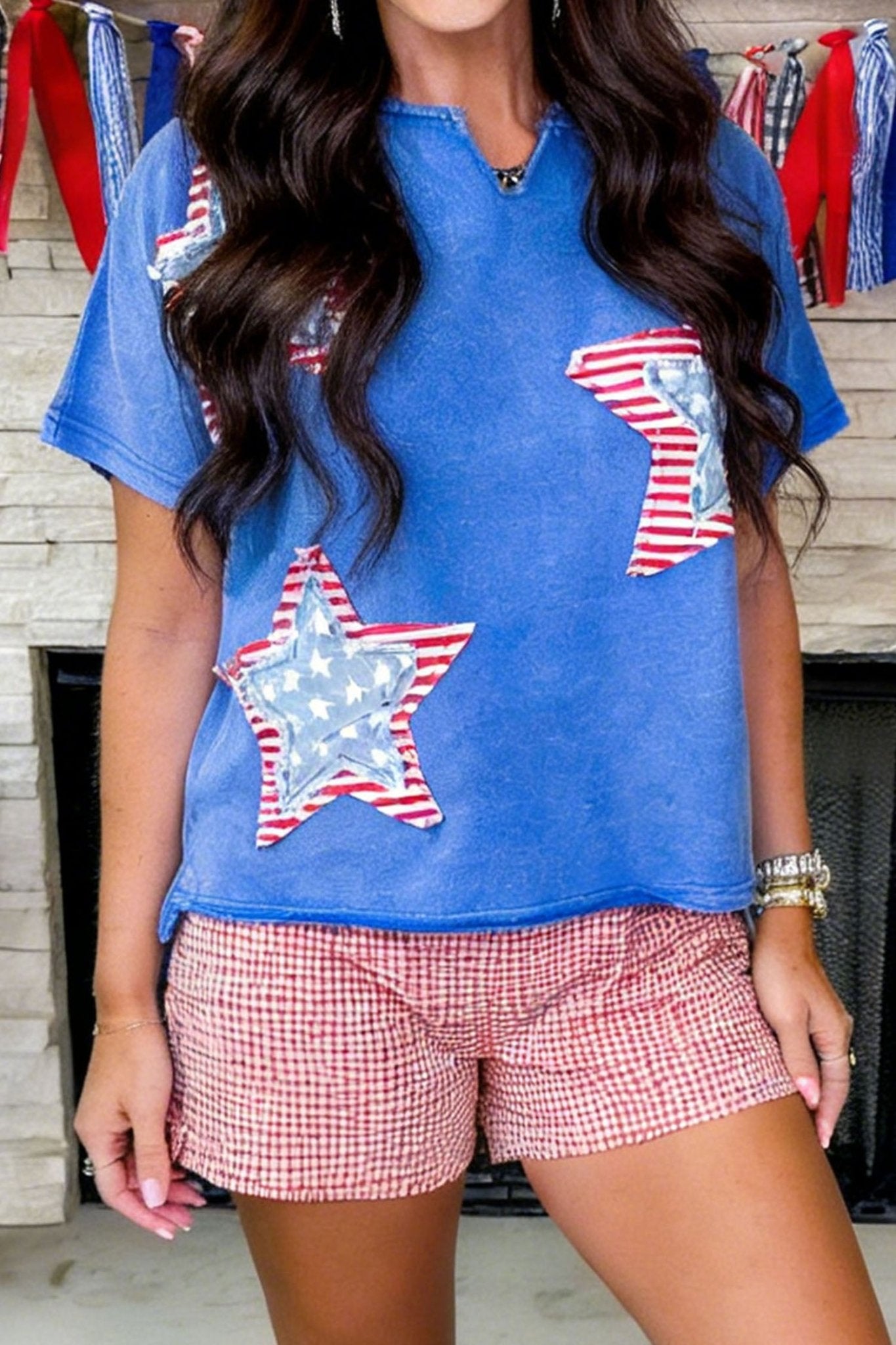 Sky Blue Patriot Star Patched Notched Neck Mineral Washed Tee - Loving It Shop