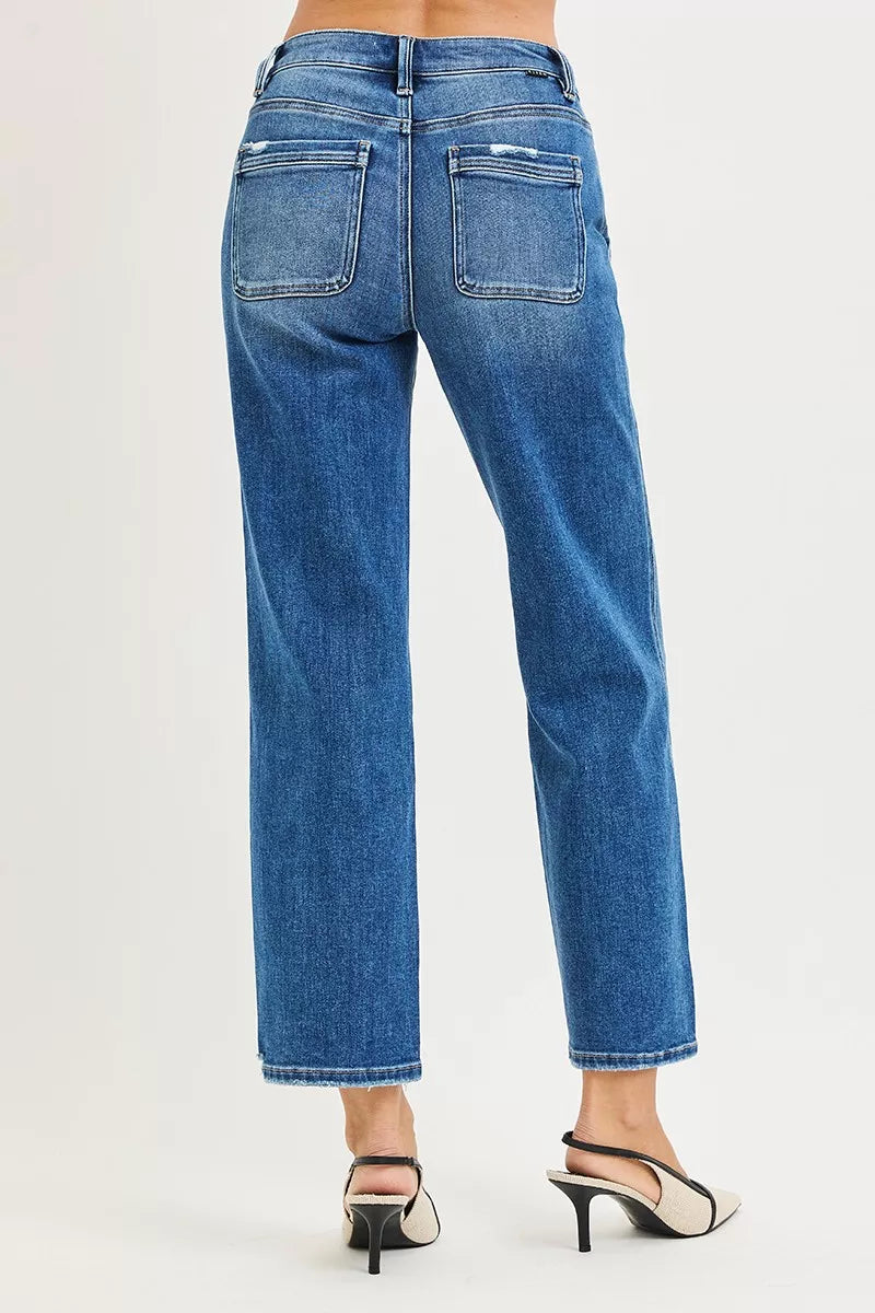 High Rise Ankle Straight Distressed Hem Detail Jeans