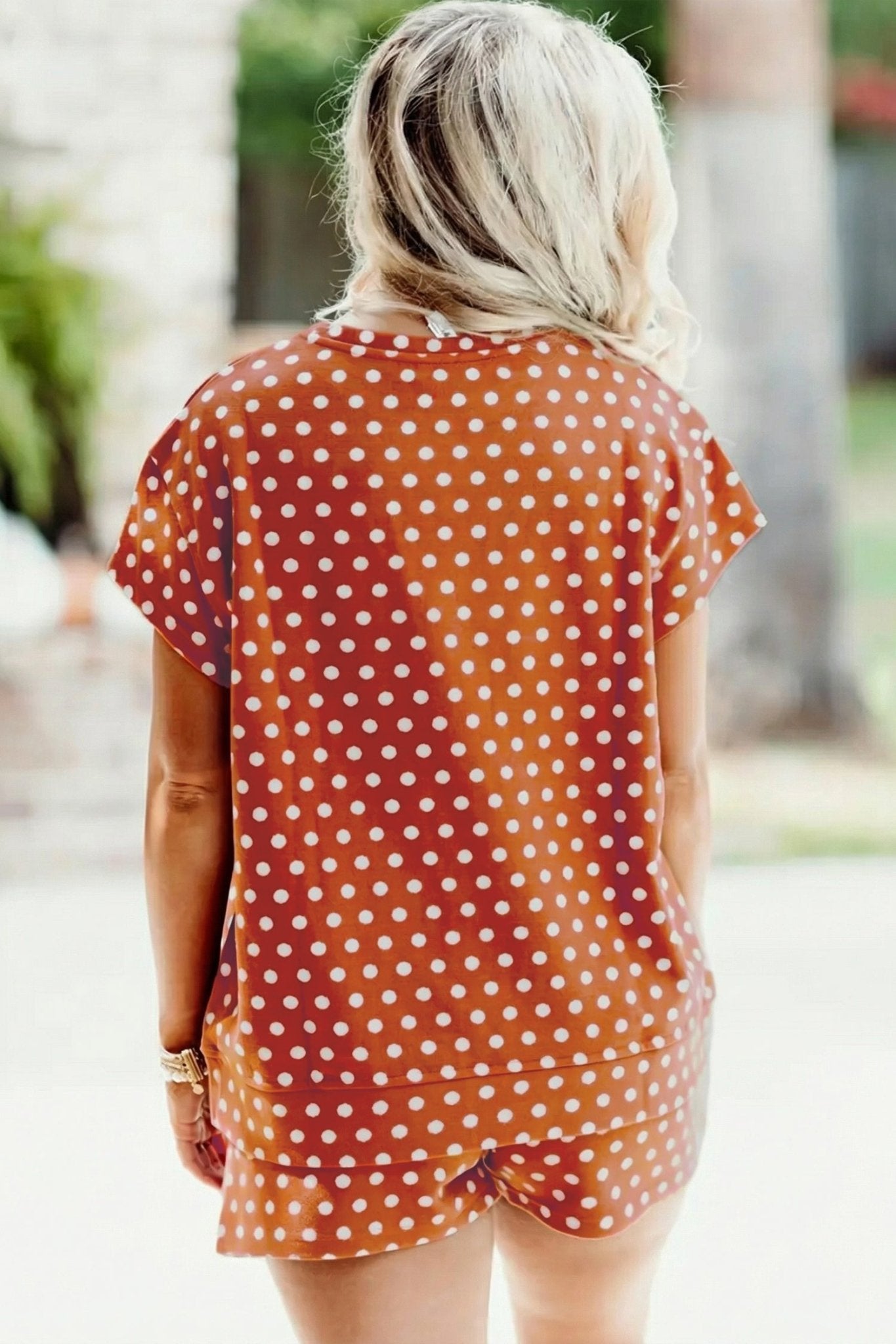 Brown Polka Dot Print Dropped Shoulder Tee Plus Size Short Set - Loving It Shop