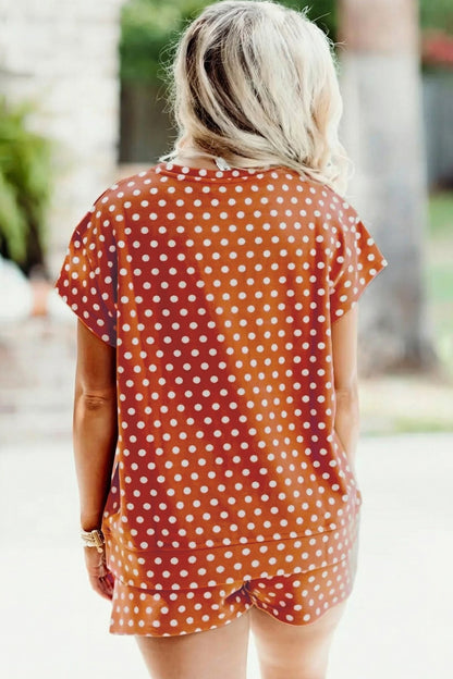 Brown Polka Dot Print Dropped Shoulder Tee Plus Size Short Set - Loving It Shop