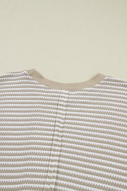 Brown Stripe Plus Size Breathable Knit Ribbed Trim Long Sleeve Top