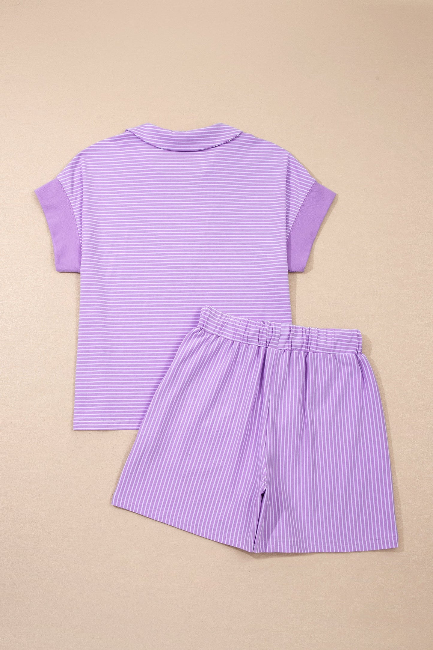 Purple Stripe Dolman Sleeve Polo Shirt and Drawstring Shorts Set