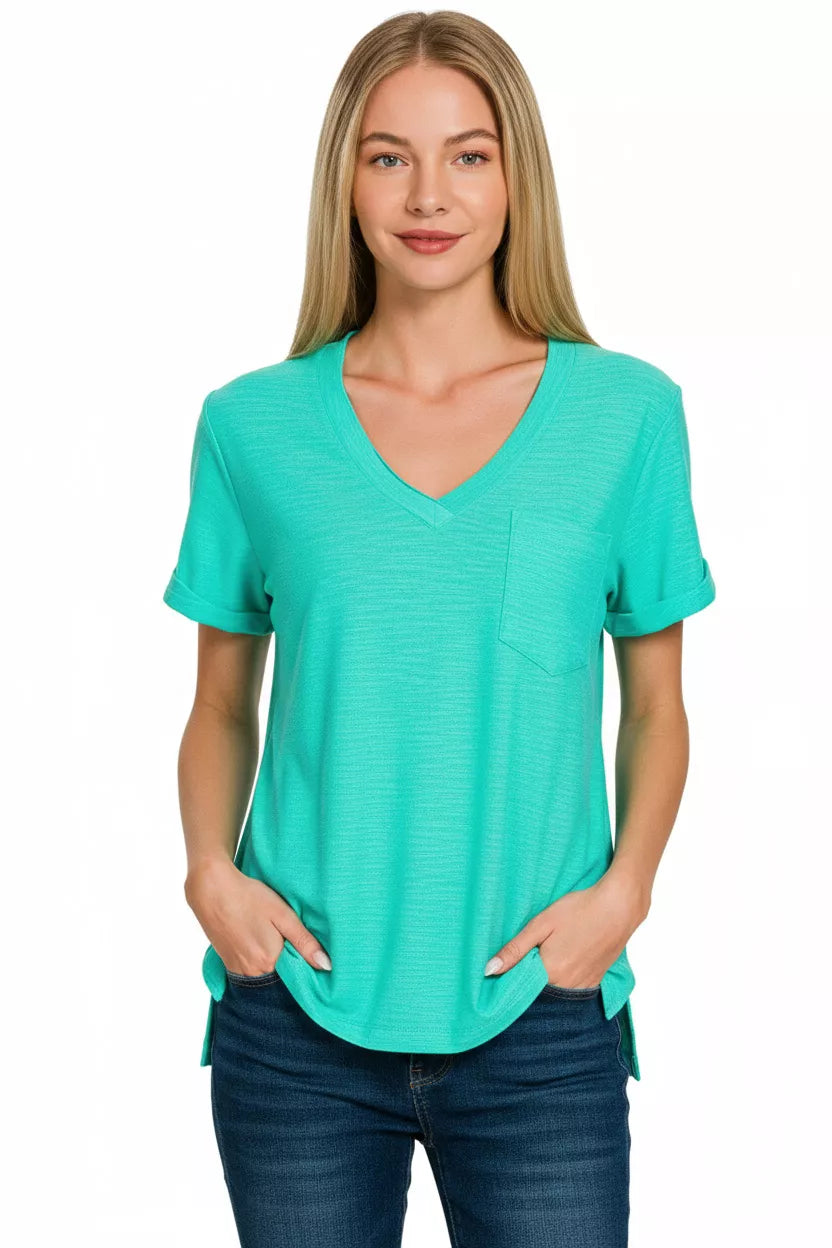 Slub Rolled Short Sleeve V-Neck Tee