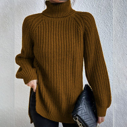 Turtleneck Pullover Sweater With Split Design Fashion Simple Solid Color Long Sleeve Tops Women&