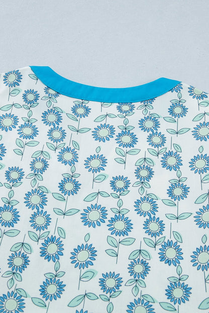 Sky Blue Floral Print Contrast Trim Flutter Sleeve Mini Dress - Loving It Shop
