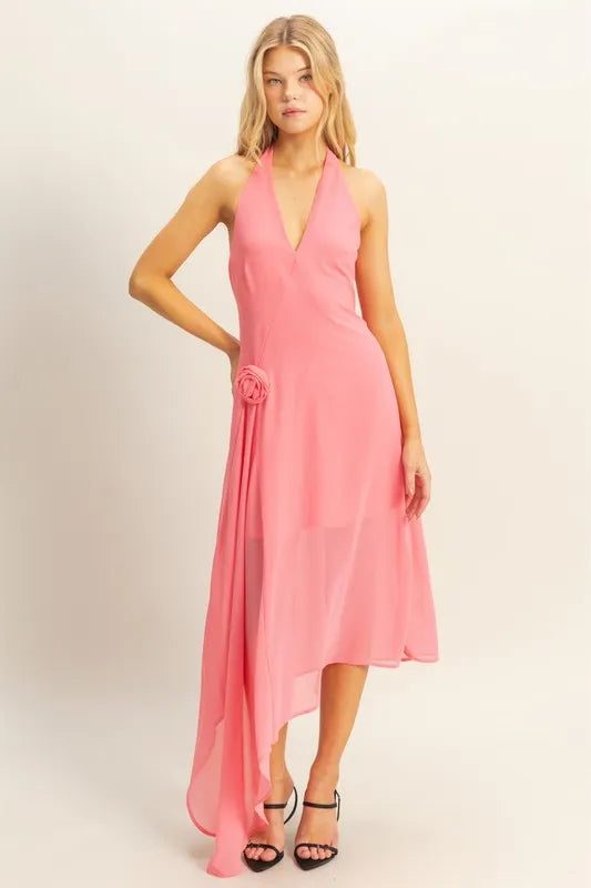 Chiffon Halter Asymmetrical Hem Dress