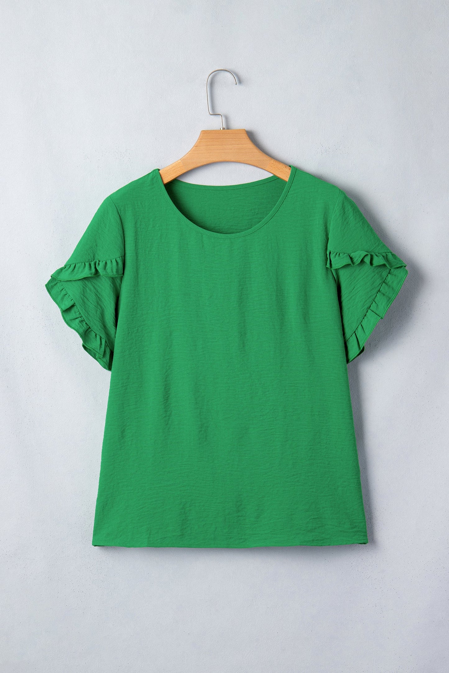 Sea Green Solid Color Ruffle Trim Short Sleeve Blouse