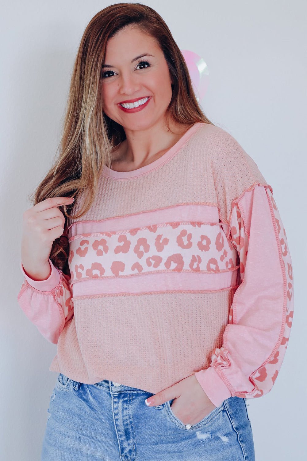 Pink Leopard Patchwork Exposed Seam Waffle Knit Top - Loving It Shop