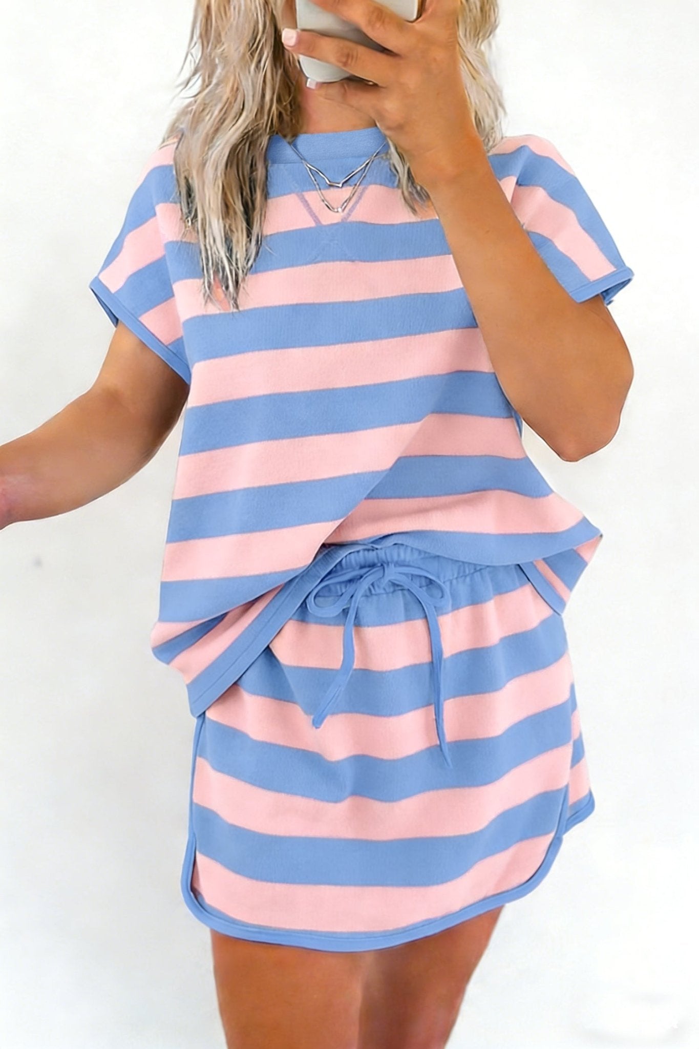 Pink Stripe Dolman Tee Drawstring Skort Athletic 2pcs Set - Loving It Shop