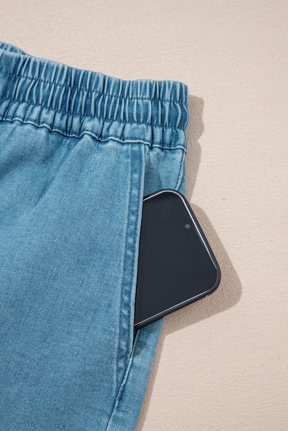 Beau Blue Contrast Drawstring Elastic Waistband Denim Shorts - Loving It Shop