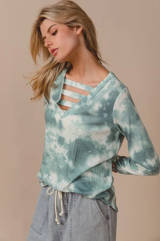 Variegated Tie Dye Rib V-Neck Top with Strapped