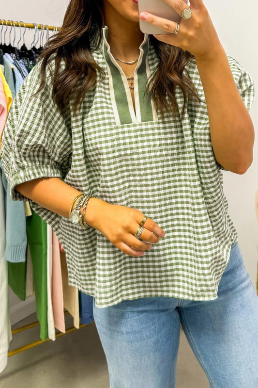 Green Plaid Short Sleeve Colorblock Trim Split Neck Blouse - Loving It Shop