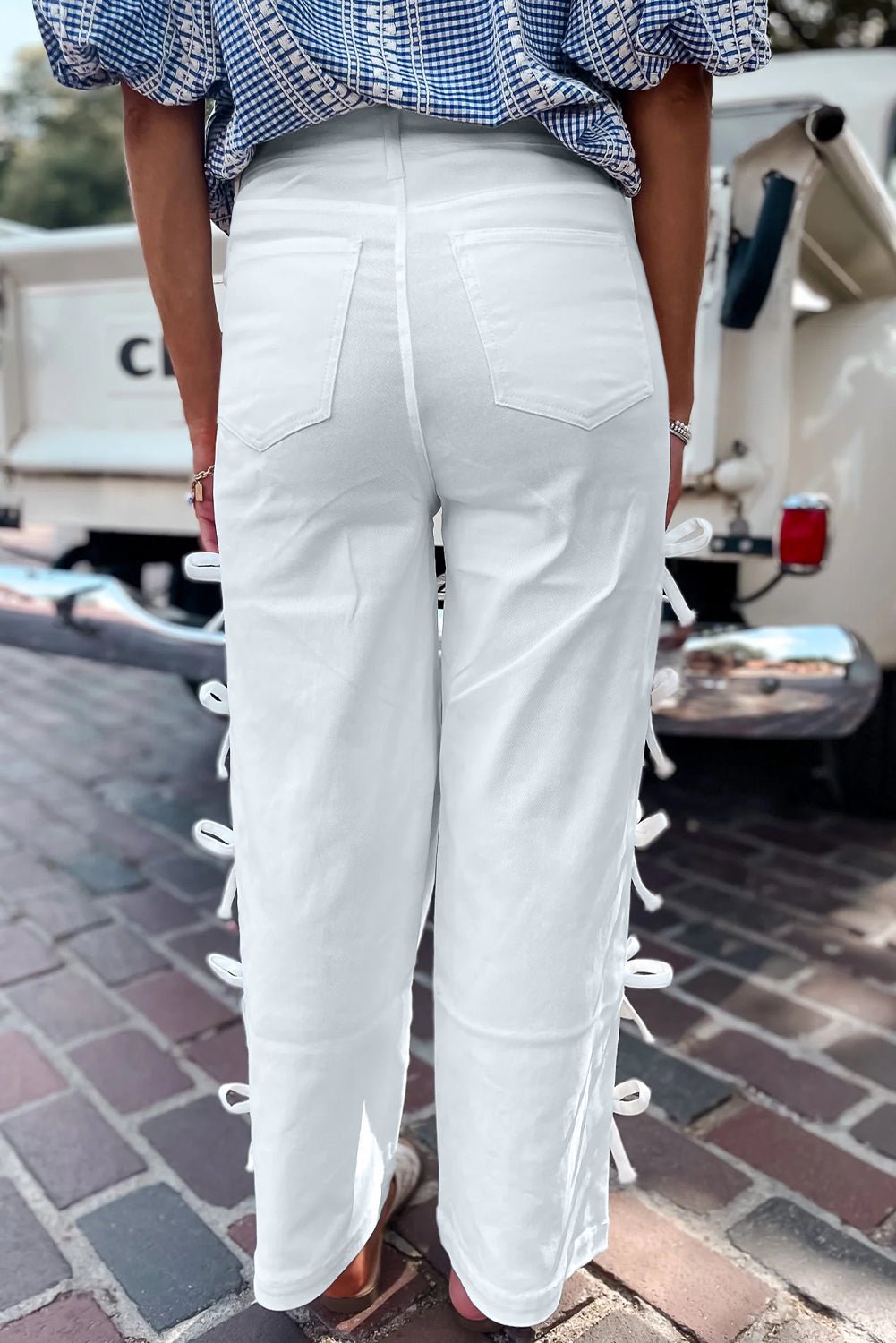 White Bow Knot Side Detail Straight Leg Loose Jeans - Loving It Shop