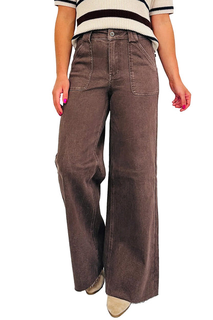 Dark Brown Retro Washed Patch Pocket Loose Jeans