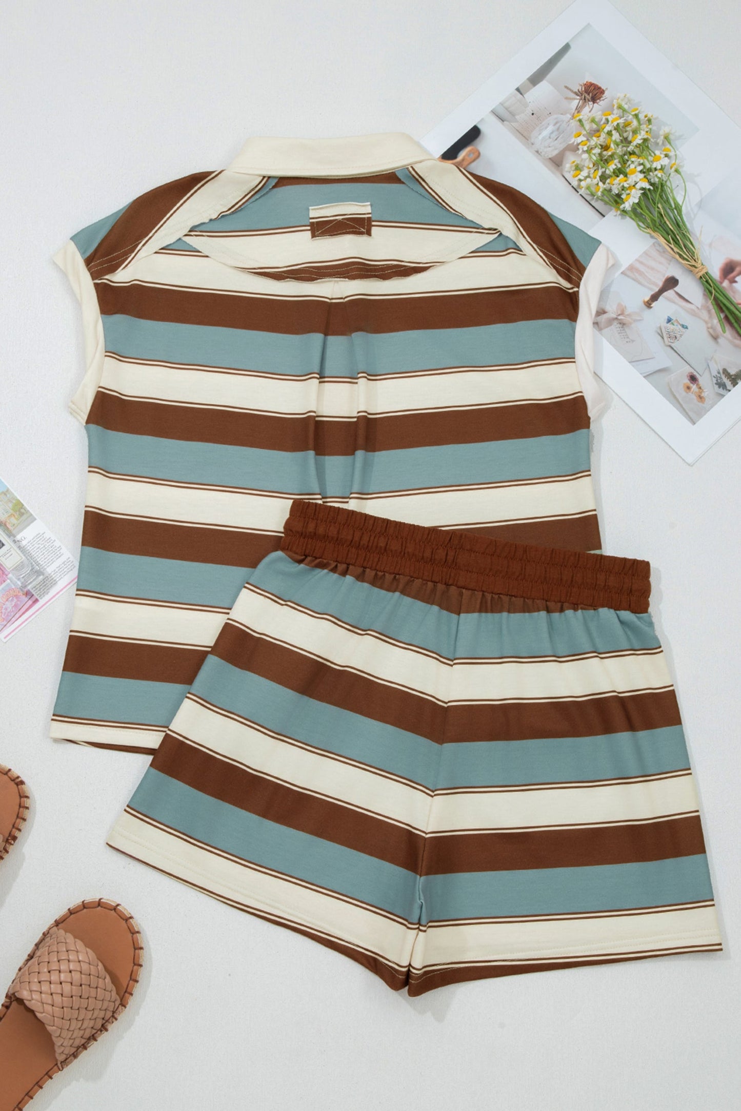 White Stripe Button Polo Collar Tee Drawstring Elastic Waist Patchwork 2pcs Short Set