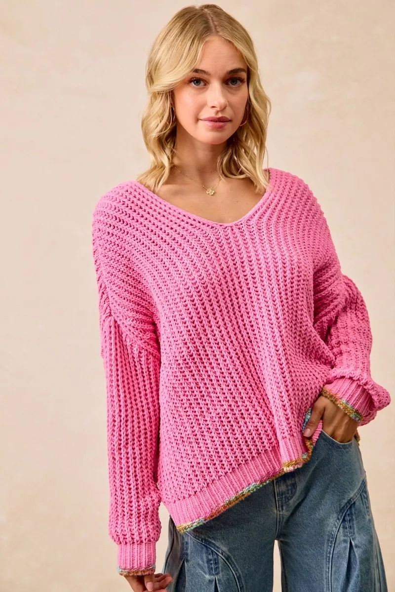 V-Neck Sweater with Colorful Trim