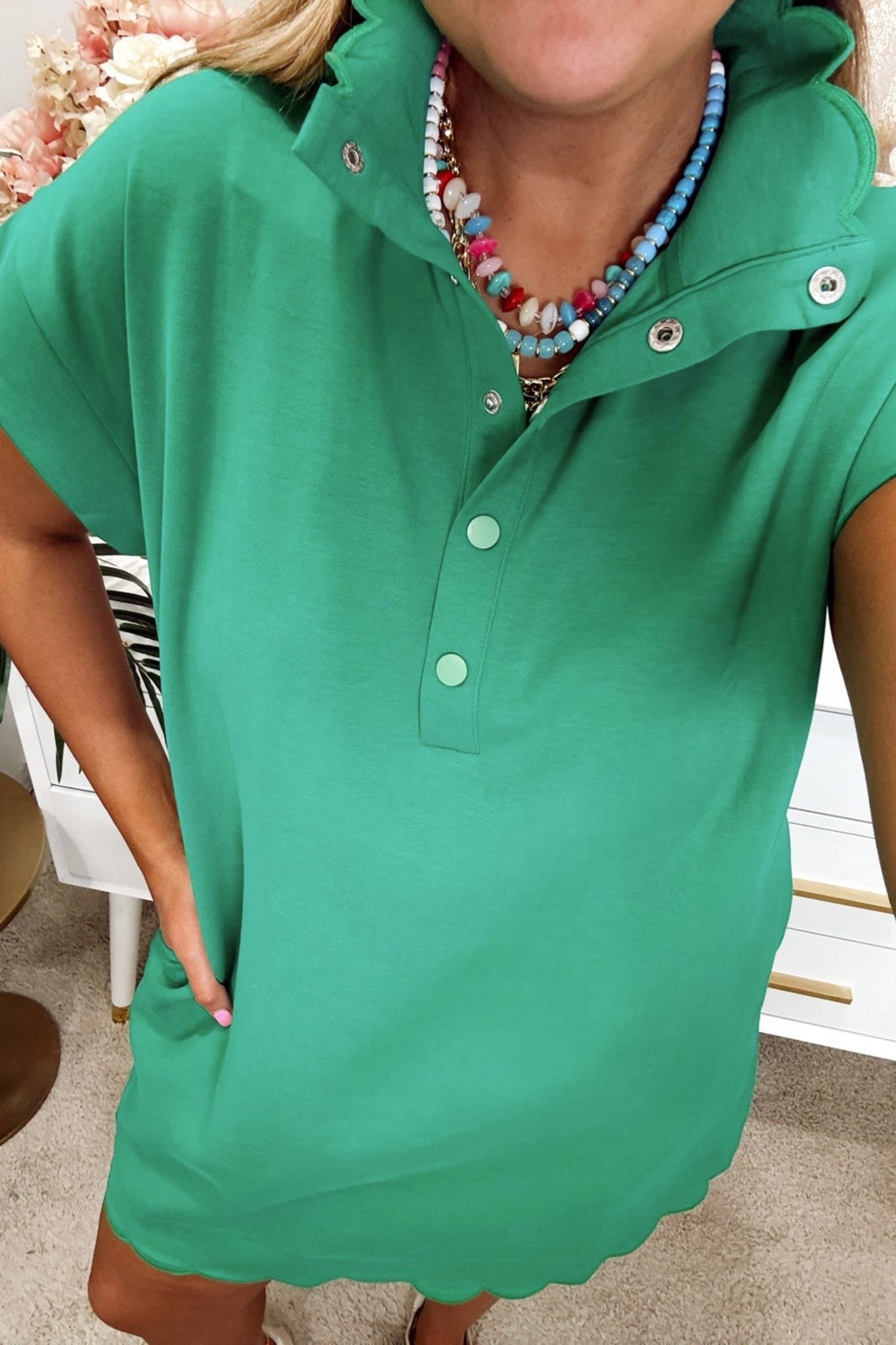 Sea Green Solid Color Snap Button Polo Collar Short Sleeve Scallop Hem Mini Dress - Loving It Shop