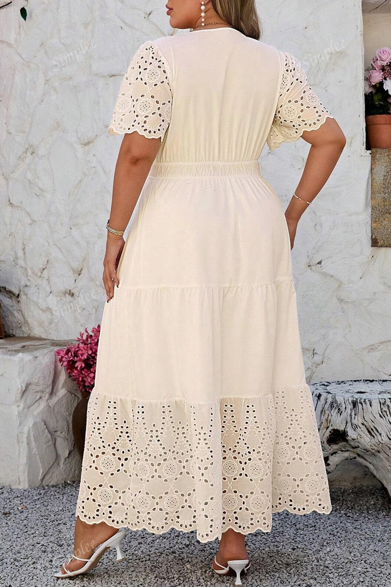 Apricot Plus Size V Neck Lacy Embroidery Patchwork Short Sleeve Maxi Dress - Loving It Shop