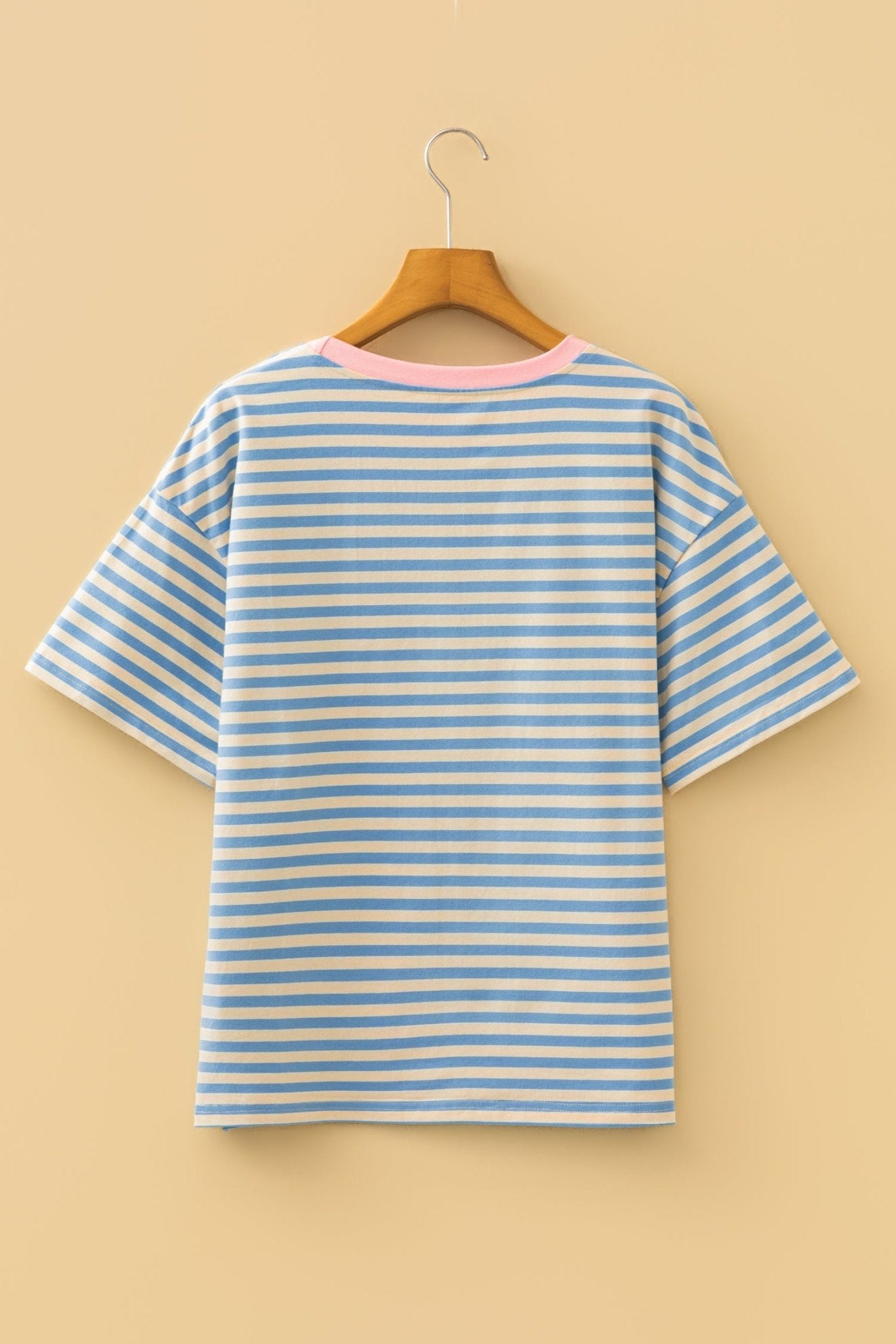 Sky Blue Stripe Contrast Crew Neck Drop Shoulder Loose Tee - Loving It Shop